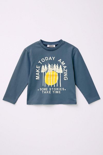 LUESS Tricou cu mânecă lungă imprimat 100% bumbac pentru băiat - Indigo (3-4 ani 8-9 ani)