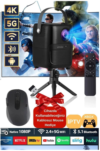 DigiMonster T11 1080P Akıllı Projeksiyon | Android TV, Kablosuz Bağlantı, 4K Uyumlu Kablosuz Mouse Hediye