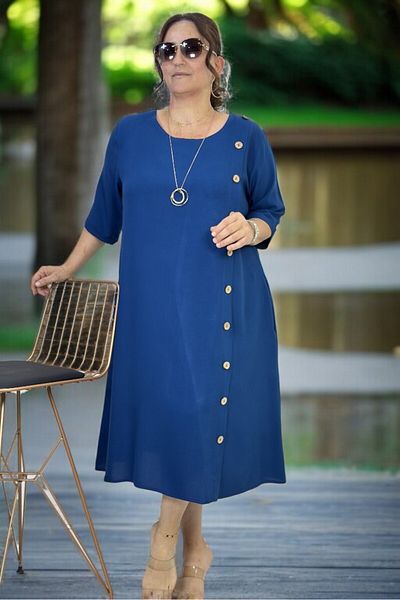 yagmurberen Yandan Wooden Button Detail Pocket Three Quarter Sleeve Cotton Viscose Plus Size Dress