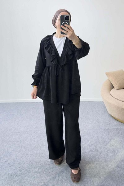 Hatun Atila Ruffle Neck Tie-Up Tunic and Wide Leg Pants Set 8845 - Black