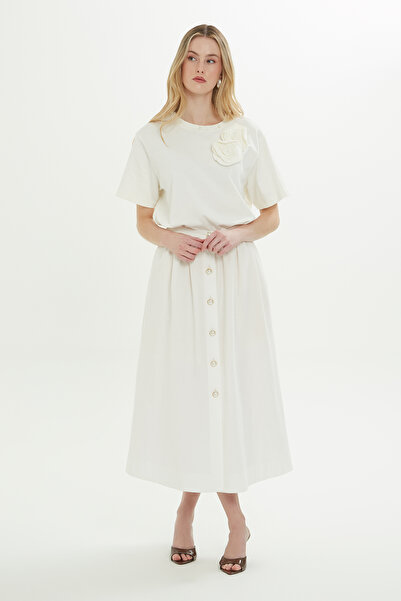 GİZİA Yanları Yırtmaçlı Astarlı Midi Ekru Etek