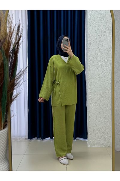 MİHRA STORE Vinmora Side Tie Kimono Strawberry Suit-Ek544 Fat Green