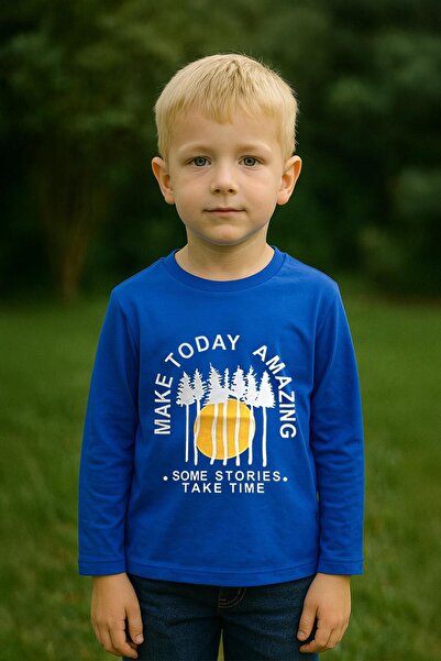 LUESS Erkek Çocuk %100 Pamuk Baskılı Uzun Kollu Tişört - Saks (3-4 Yaş 8-9 Yaş)