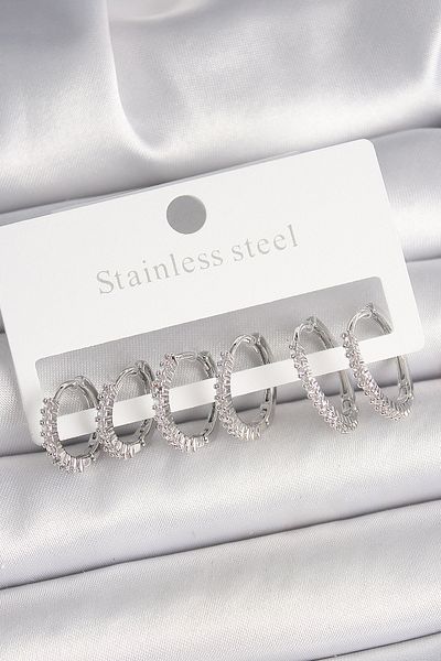 MBB ETİCARET Brass silver color zircon stone 3 double ring model women's earrings - tj-bkp10335