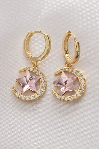 MBB ETİCARET Brass Gold Color Pink Zircon Stone Star Detail Moon Earrings - Tj-Bkp8965