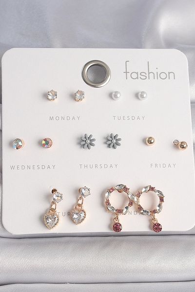 MBB ETİCARET Brass Gold Color Zircon Stone Dangle Heart Flower Figure 7 Pairs Women Earrings Set - Tj-Bkp10166