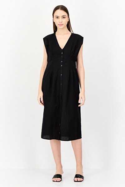 Brave Soul فستان ميدي سادة بحزام للنساء، أسود