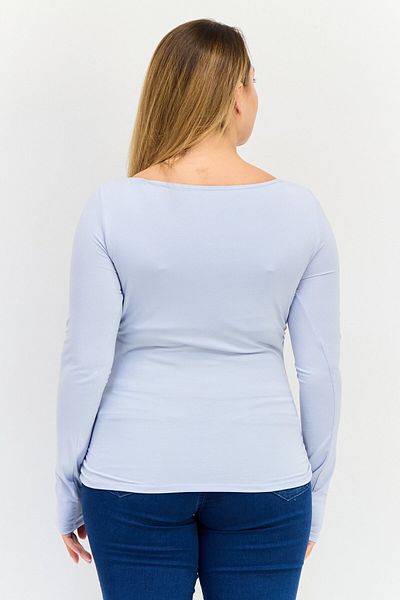 Bebe Women Boat Neck Long Sleeve Solid T Shirt, Light Blue