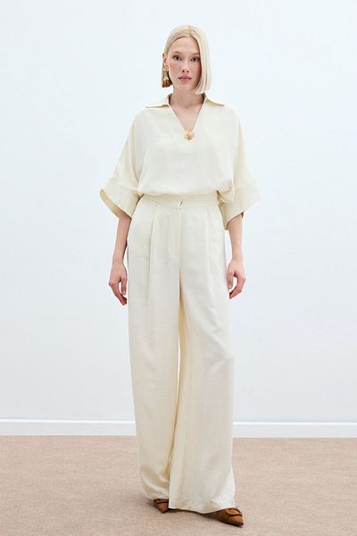 Sateen Linen Blend Trousers - Stone