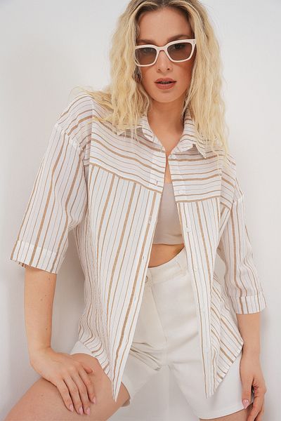 Bigdart Women's Striped Short Sleeve Shirt 20344 - Cream