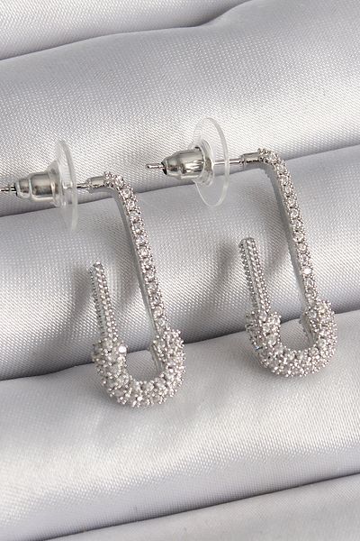 MBB ETİCARET Brass Silver Color Zircon Stone Safety Pin Model Women's Earrings - Tj-Bkp9938