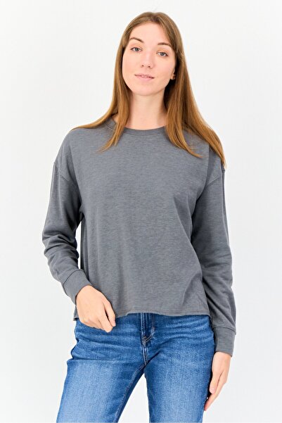 Splendid Women Round Neck Long Sleeves Solid Sweatshirt, Grey