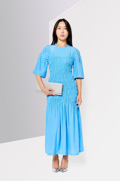 Stella McCartney Women Shirred Pattern Smoked Silk Midi Dress, Blue