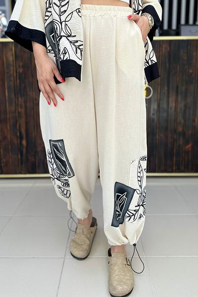 GÖKSEL Embroidered Linen Pants Stone Large Size