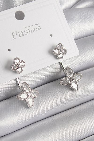 MBB ETİCARET Brass Silver Color Zircon Stone Clover Model Women's Earrings - Tj-Bkp9968