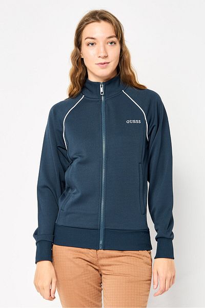 Guess Women Mock Neck Embroidered Logo Long Sleeves Full Zip Sweatshirt, Dark Navy