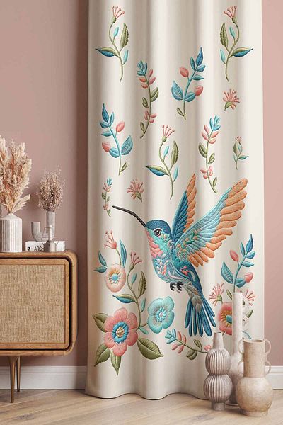 Pilloveland Fon Curtain Suede Fabric 140*280 cm - Bird Embroidery