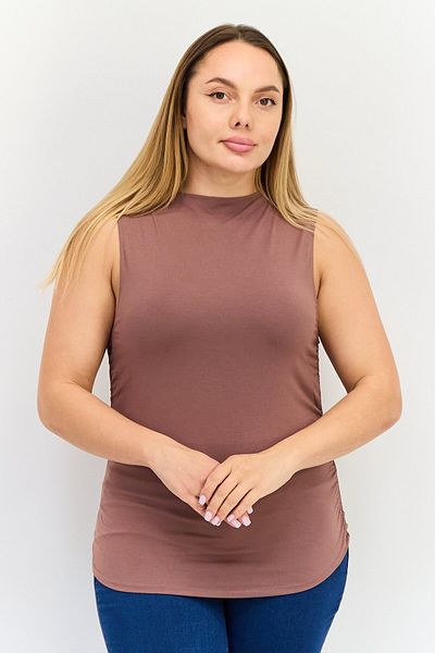 Bebe Women Round Neck Sleeveless Solid Tank Top, Brown