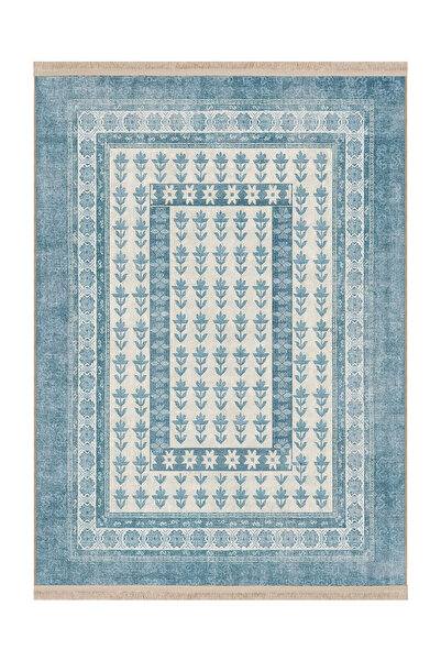 Rugs Modern Halı MOSSO Mavi Temalı Çiçek Motifli Geçiş Detaylı Desenli Dokuma...