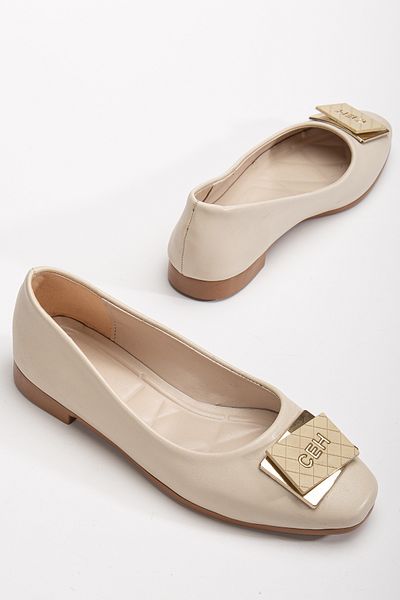 Tonny Black Women's Beige Oval Toe Ballerinas with Buckle on the Front