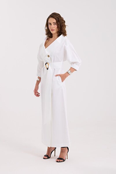 NOK İSTANBUL Lady Di 100% Koton Maxi Boy Elbise Beyaz