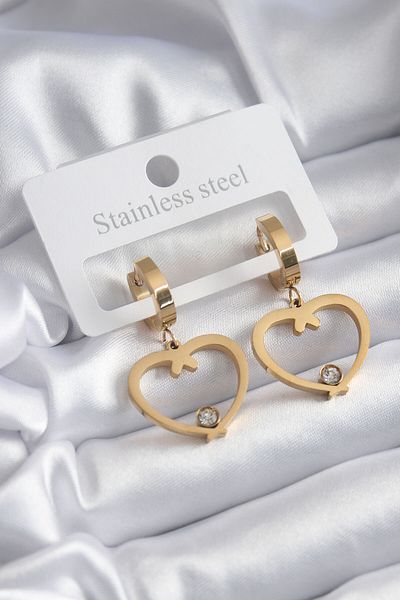 MBB ETİCARET 316L Steel Gold Color Heart Model Zircon Stone Detail Women's Earrings - TJ-BKP8120