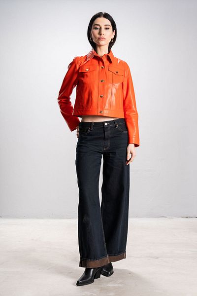 Dericlub Deri̇club Cardi Women's Cropfit Real Leather Coat Oranj