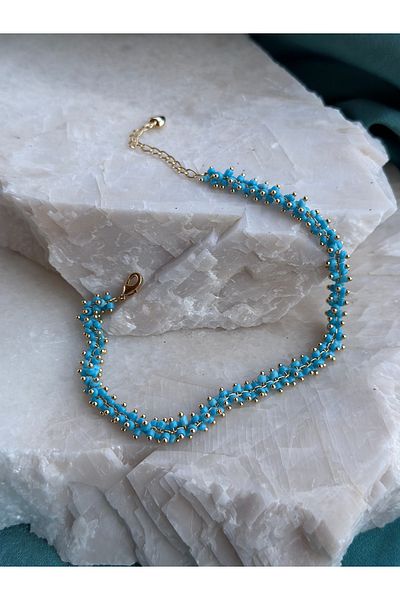 NFS BUTİK Steel Chain Turquoise Beadwork 316L Steel Ysx Anklet