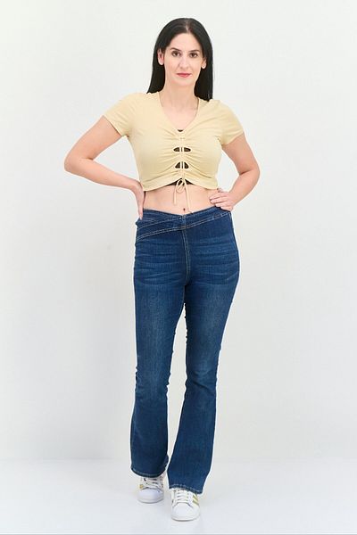 Monki Women V-Neck Short Sleeve Solid Crop Top, Beige