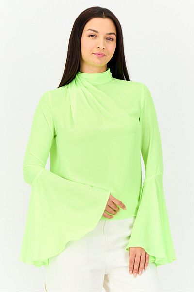 MSGM Women Mock Neck Bell Sleeves Solid Blouse, Lime Green