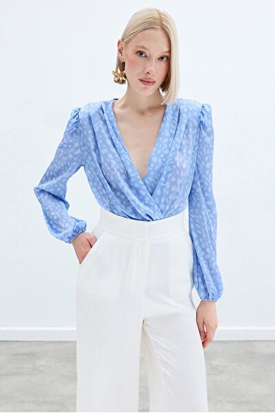 Sateen Double Breasted Patterned Bodysuit - Baby Blue