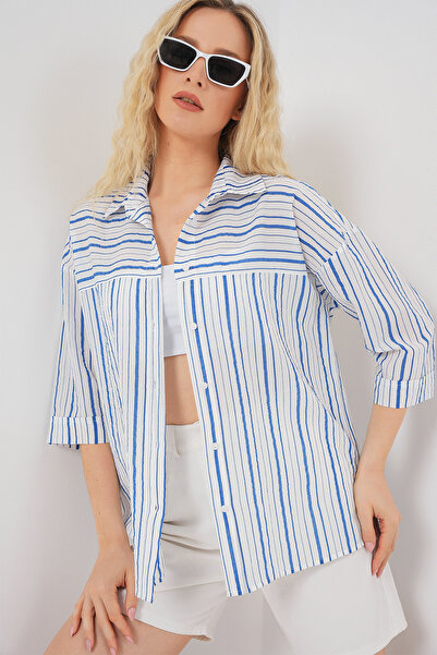 Bigdart Women's Striped Short Sleeve Shirt 20344 - Blue