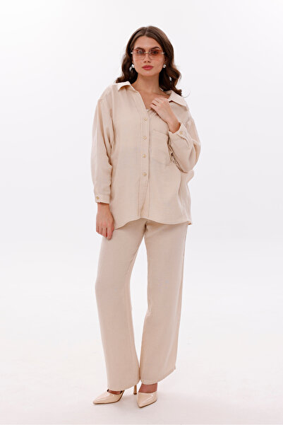 LA PANTE Low Shoulder Muslin Shirt Trousers Set with Elastic Waist, Laces and Front Pocket