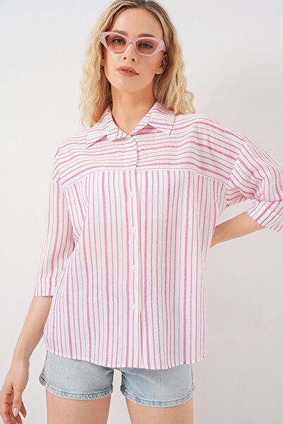 Bigdart Women's Striped Short Sleeve Shirt 20344 - Powder