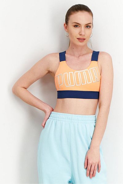 Puma Women Padded Brand Logo Sports Bra, Orange and Navy