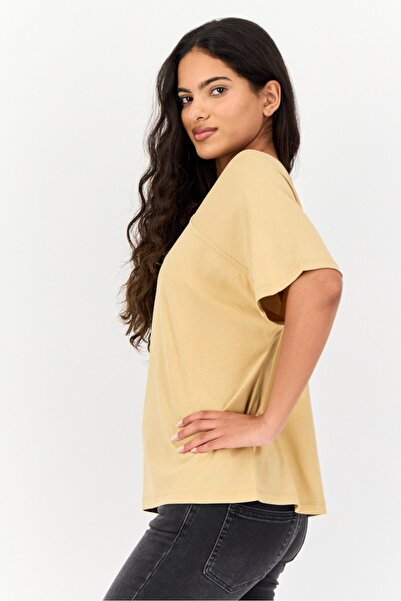 Giordano Women Asymmetrical Neckline Short Sleeves Plain Top, Khaki