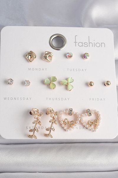 MBB ETİCARET Brass Silver Color Pearled Heart Figure Ribbon Detail 7 Pairs Women's Earrings Set - Tj-Bkp10169