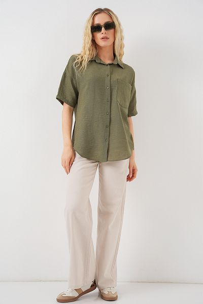 Bigdart Women's Short Sleeve Linen Look Shirt 20336 - Khaki