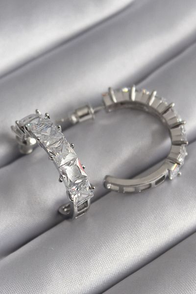 MBB ETİCARET Brass Silver Color Zircon Stone Hoop Model Women's Earrings - TJ-BKP8610