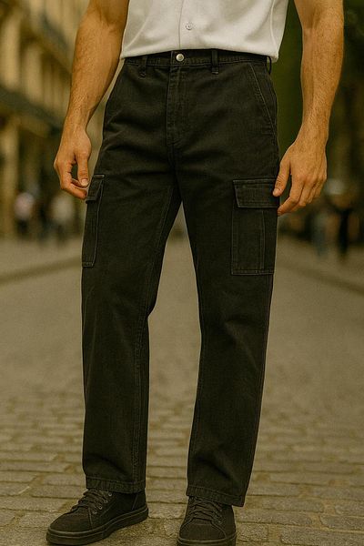 DAMGA JEANS Ανδρικό φαρδύ μαύρο φαρδύ τζιν παντελόνι με τσέπες Cargo