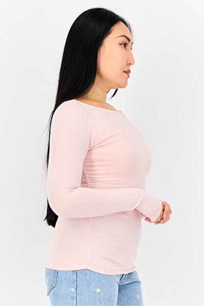 Bebe Women Boat Neck Long Sleeve Solid Top, Light Pink