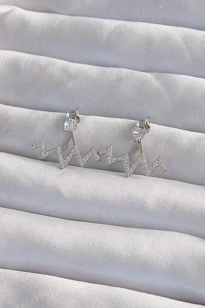 MBB ETİCARET Brass Silver Color Zircon Stone Zigzag Earrings - Tj-Bkp9302