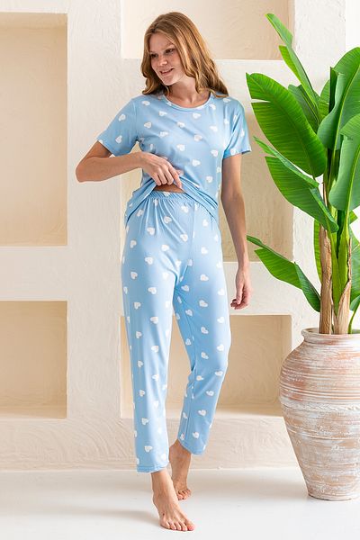 GİYSA Costum de pijama pentru femei, cu mânecă scurtă, cu model de inimă, albastru bebeluș - 6016
