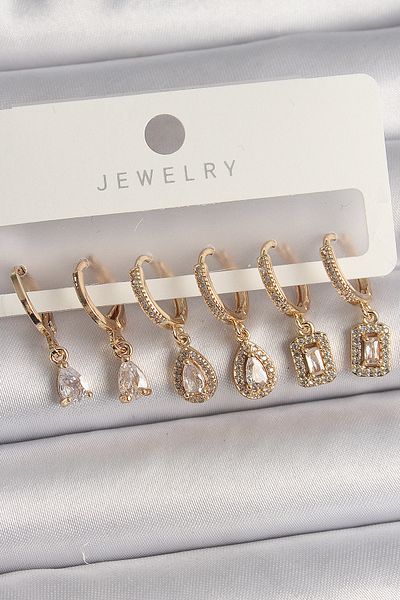 MBB ETİCARET Brass Gold Color Dangle Zircon Stone Drop Model Women's Earring Set - Tj-Bkp10120