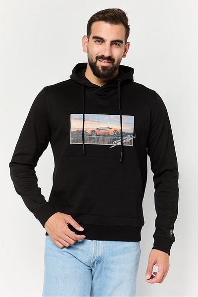 Lamborghini Men Embroidered Logo Long Sleeves Hoodie, Black