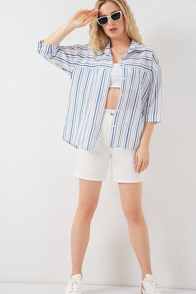 Bigdart Women's Striped Short Sleeve Shirt 20344 - Blue