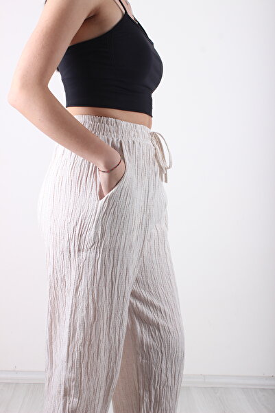 Budvaa Ecru Elastic Waist Gofra Trousers