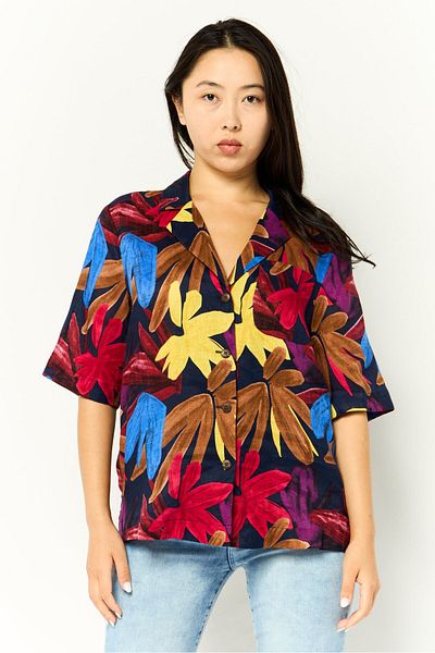 Scotch & Soda Women Noched Collar Short Sleeve Allover Print Shirt, Multicolor