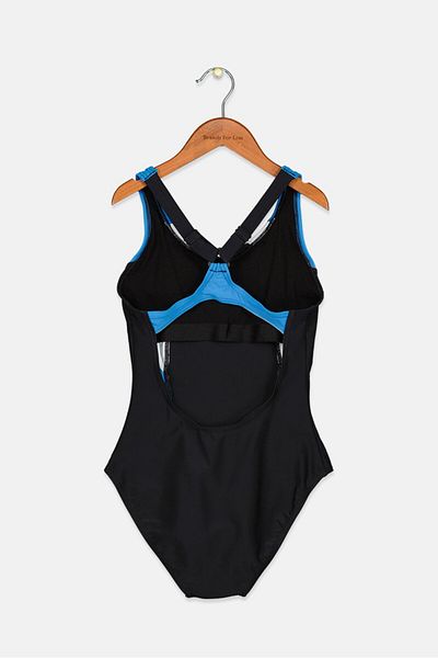 ARENA Women Graphic One Piece Swimwear, Black and Blue and White
