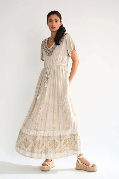 Robin M38573 Yaka Paket Nakışlı Simli Astarlı Mibidoy Elbise